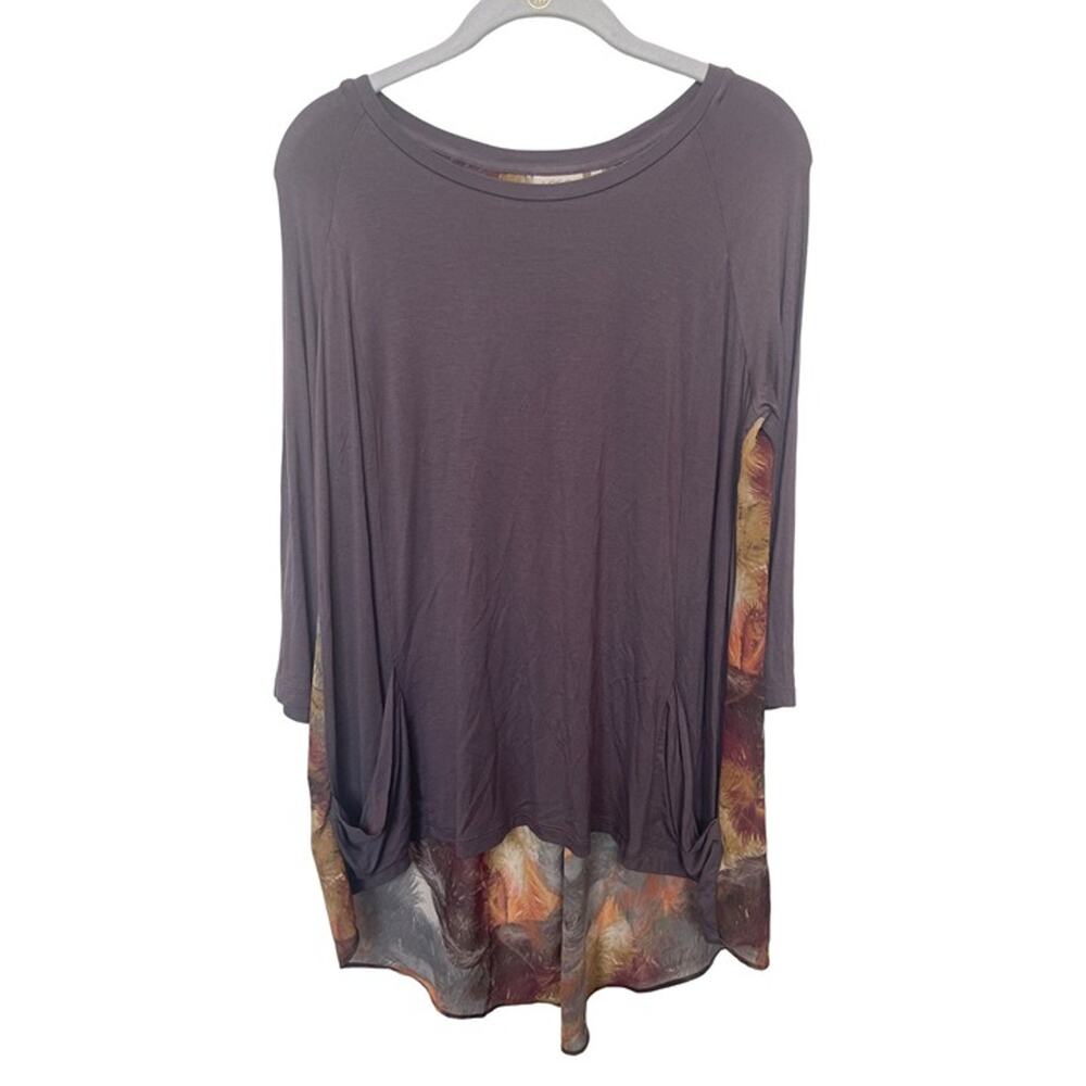 LOGO Lori Goldstein 3/4 Sleeve Chiffon Back Knit Tunic Top Grey Women's Small